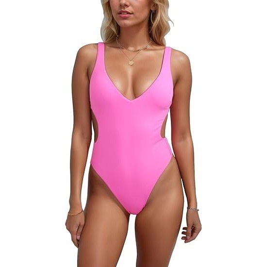 MSRP $35 Geluboao Women's S Pink One Piece Swimsuits Sexy V Neck Cutout Adjusta