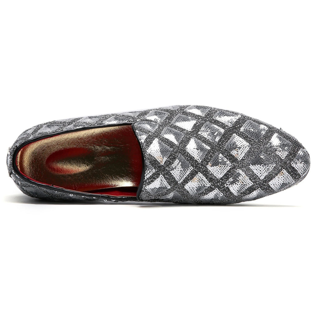 Santimon Mens US 12 Silver Paillette Glitter Smoking Slip On Loafers Dress Shoes