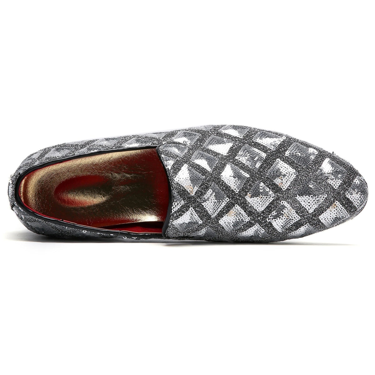 Santimon Mens US 12 Silver Paillette Glitter Smoking Slip On Loafers Dress Shoes