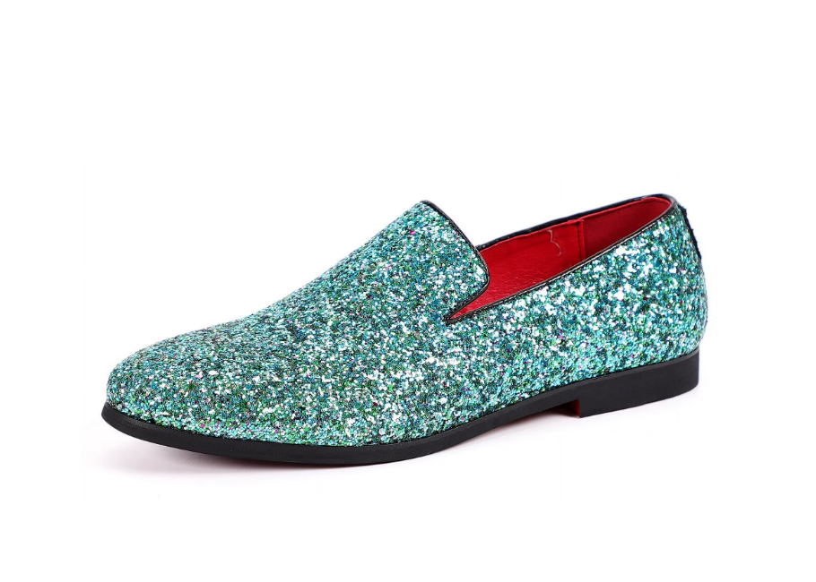 Santimon Men's US 7 - 12.5 Cyan Glitter Slip On Loafers Sequin Dress Shoes