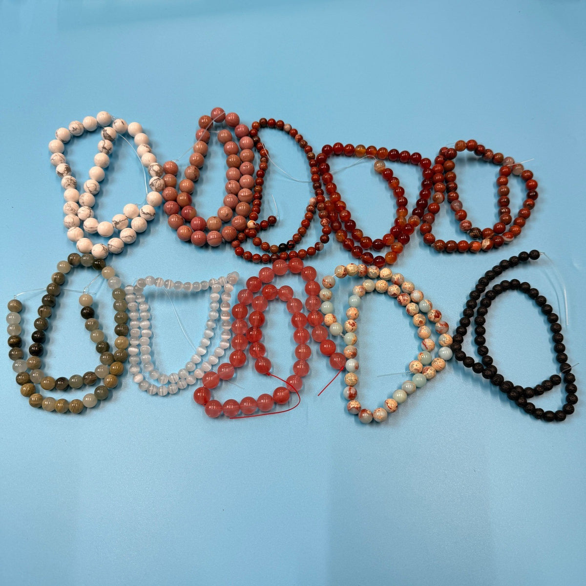 Set of 10 Natural Gemstone Round Beads Strands 15" Sizes 6,8,10 mm 14oz №B16