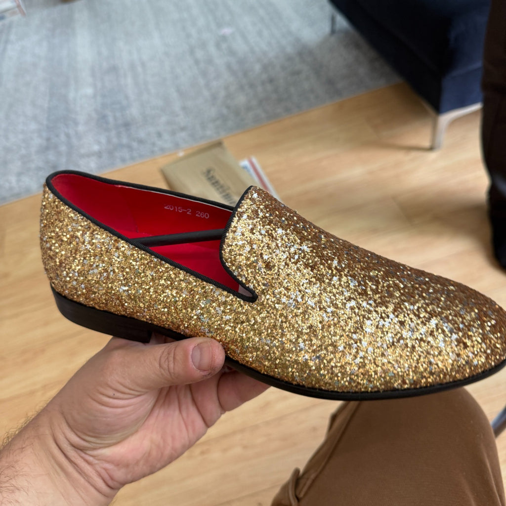 Santimon Men's US 9.5 - 12.5 Gold Sequins Glitter Smoking Loafers Dress Shoes  P