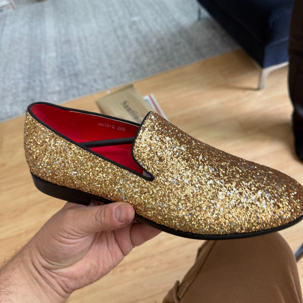 Santimon Men's US 9.5 - 12.5 Gold Sequins Glitter Smoking Loafers Dress Shoes  P