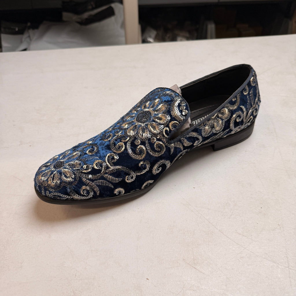 Amali Men's US 12 Navy Velvet Embroidered Sequin Smoking Loafers Slip On Shoes