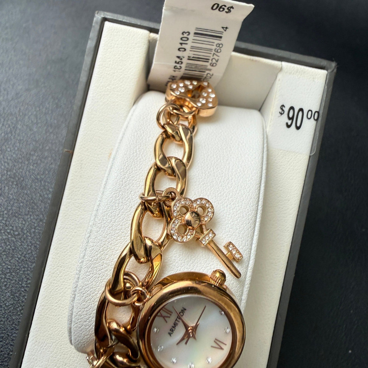 MSRP $90 Armitron 75/5620RG Rose Gold Key & Lock Charm Ladies Watch New Battery
