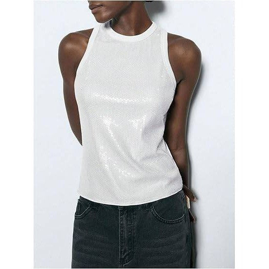 MSRP $30 Milumia Women's White S Sequin Tank Top Round Neck Sleeveless