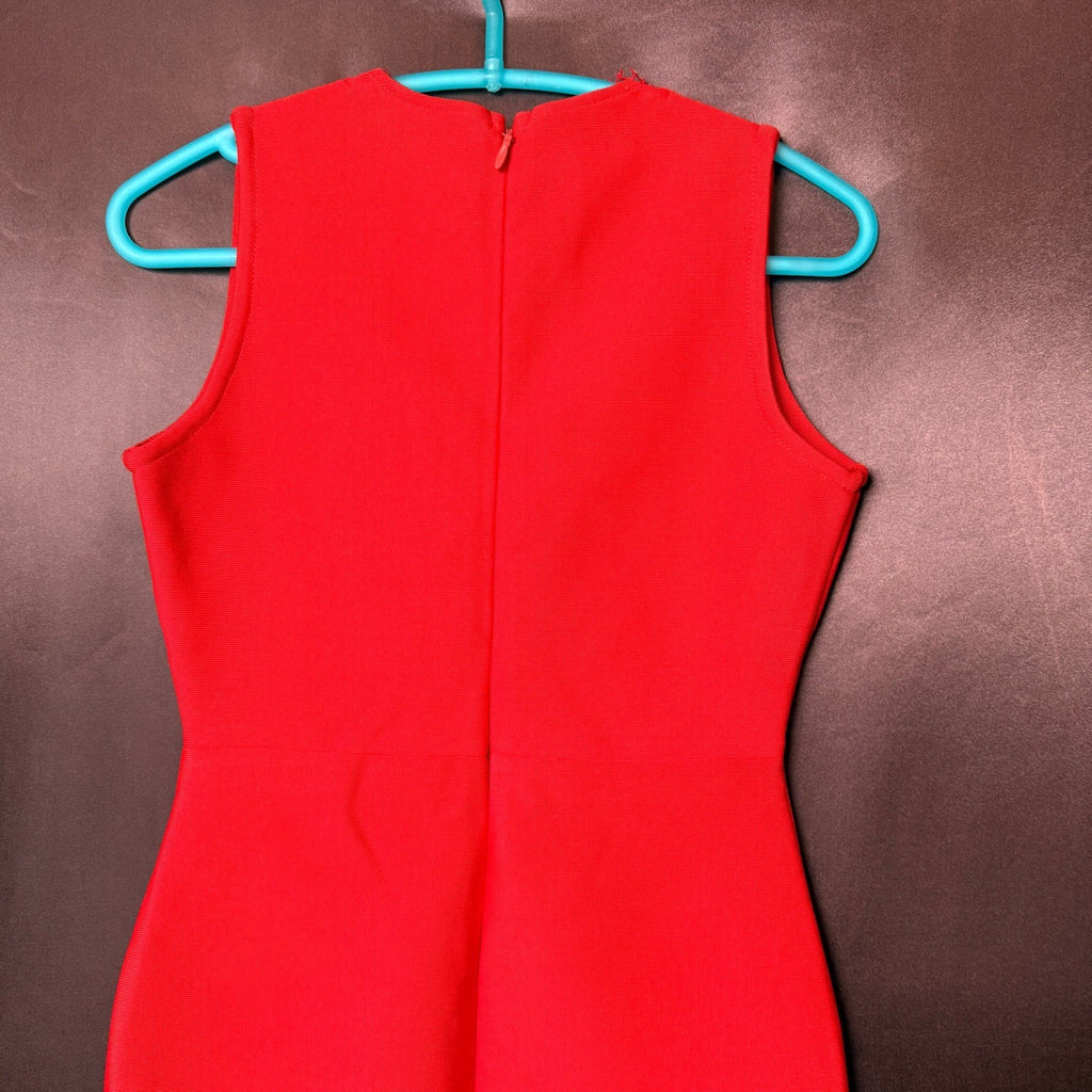 UONBOX Women's M Red Bandage V Neck Bodycon Sleeveless Split Mini Party Dress