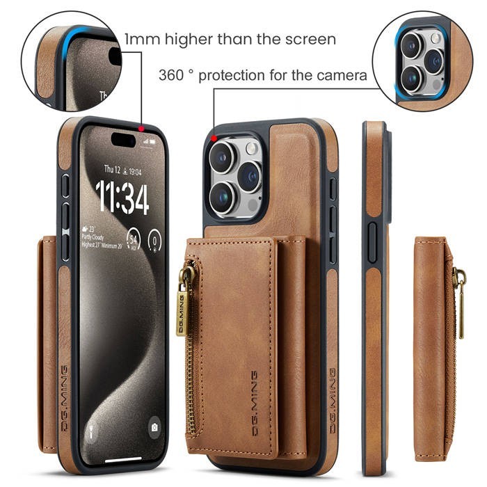DG.MING M5 For iPhone 15 Pro Max Magnetic Detachable Zipper Wallet Case RFID Blo