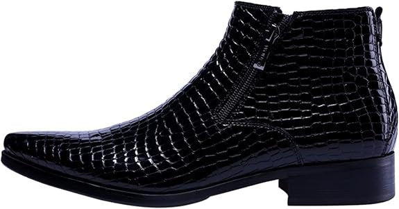 Santimon Men's US 7 - 11 Black Alligator Patent Leather Zipper Ankle Boots