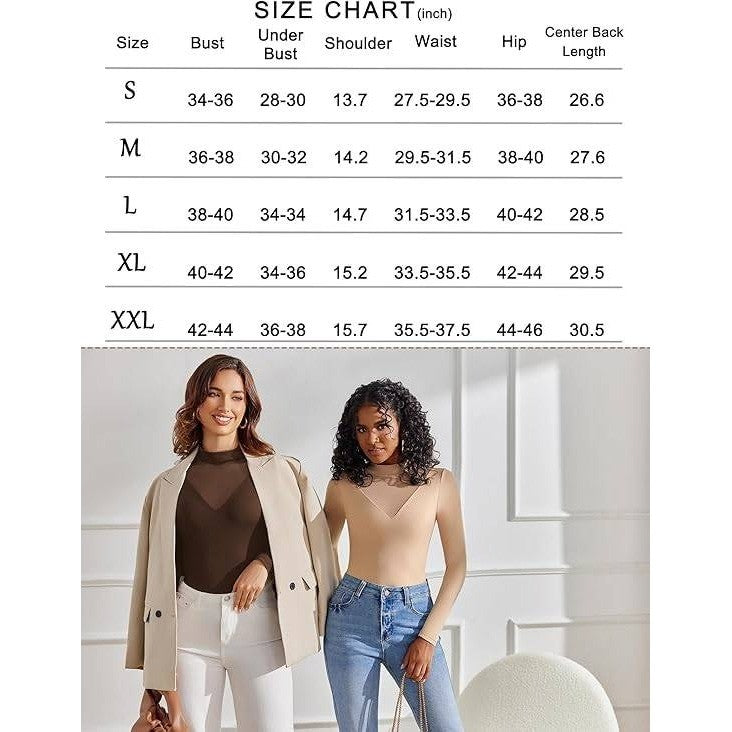 Avidlove Women's Brown M Bodysuits Mock Turtle Neck Long Sleeve Shirts Mesh Goi