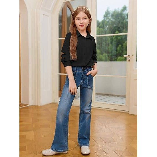MSRP $20 Haloumoning Girls 11-12Y Black Button Down Shirts Kids Long Sleeve Sc