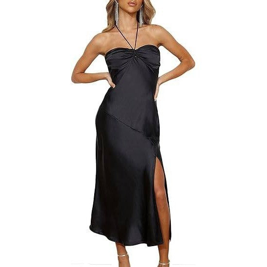 MSRP $62 VUBIYA Women's M Black Satin Halter Neck Midi Dress Elegant Sexy Back