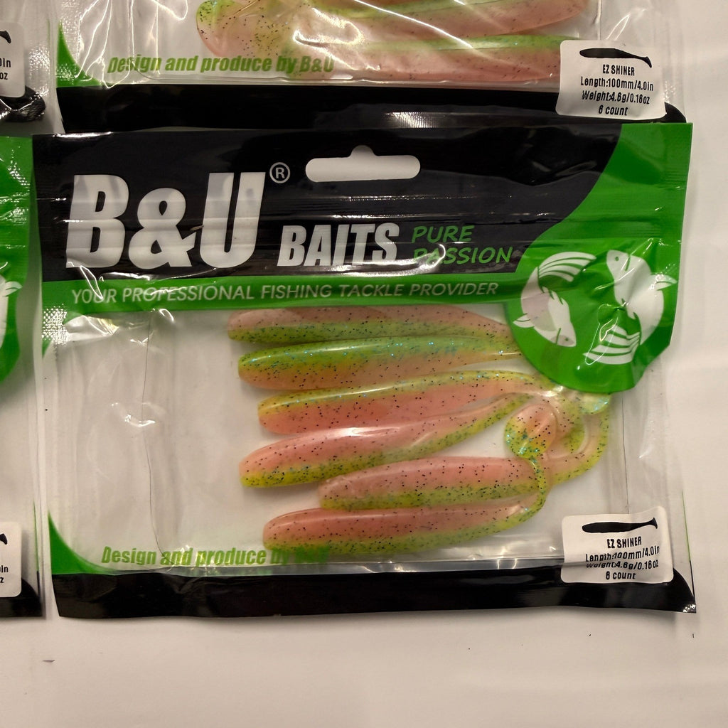 Set of 4 (6 pcs Each) B&U Baits Easy Shiner 4" Fishing Soft Lures Green Pink