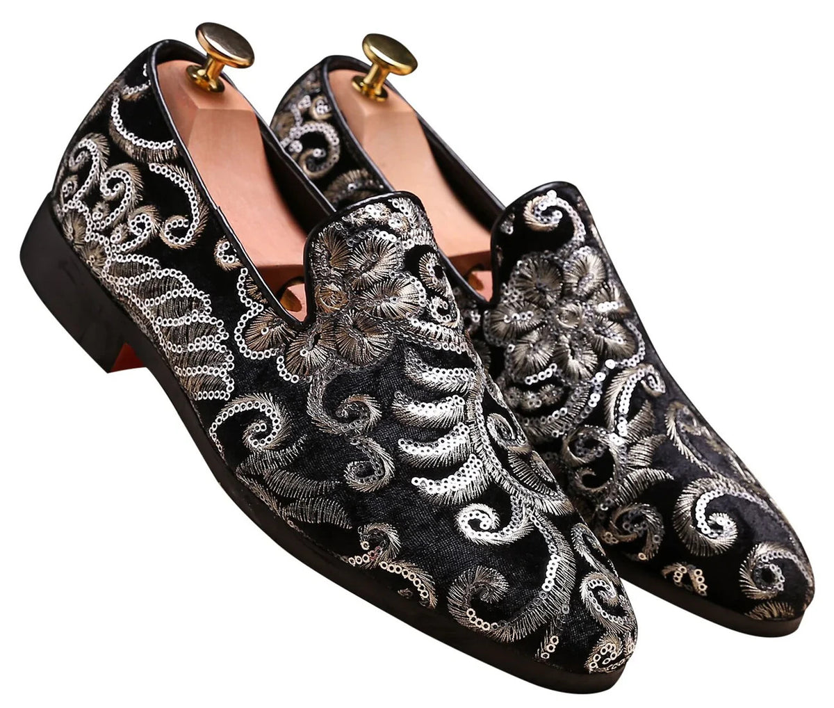 Santimon Men's US 9.5, 12 Black Velvet Gold Stitching Sequins Loafers Shoes