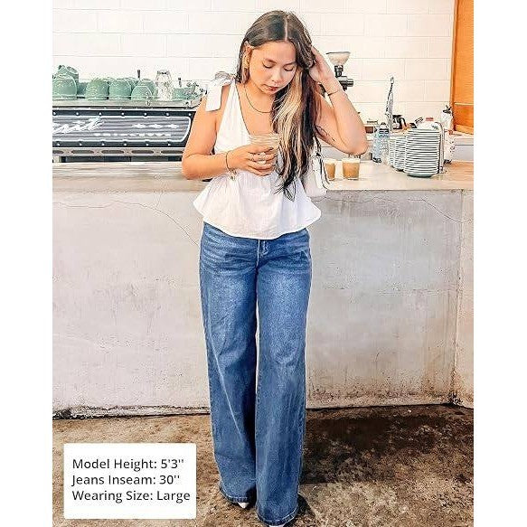 MSRP $52 GRAPENT Women's L Cool Blue Wide Leg Jeans Trendy High Waisted Stretch