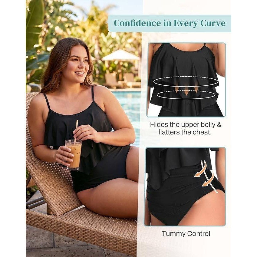MSRP $35 American Trends Women's L High Waisted Tankini Swimsuit Flounce Top T
