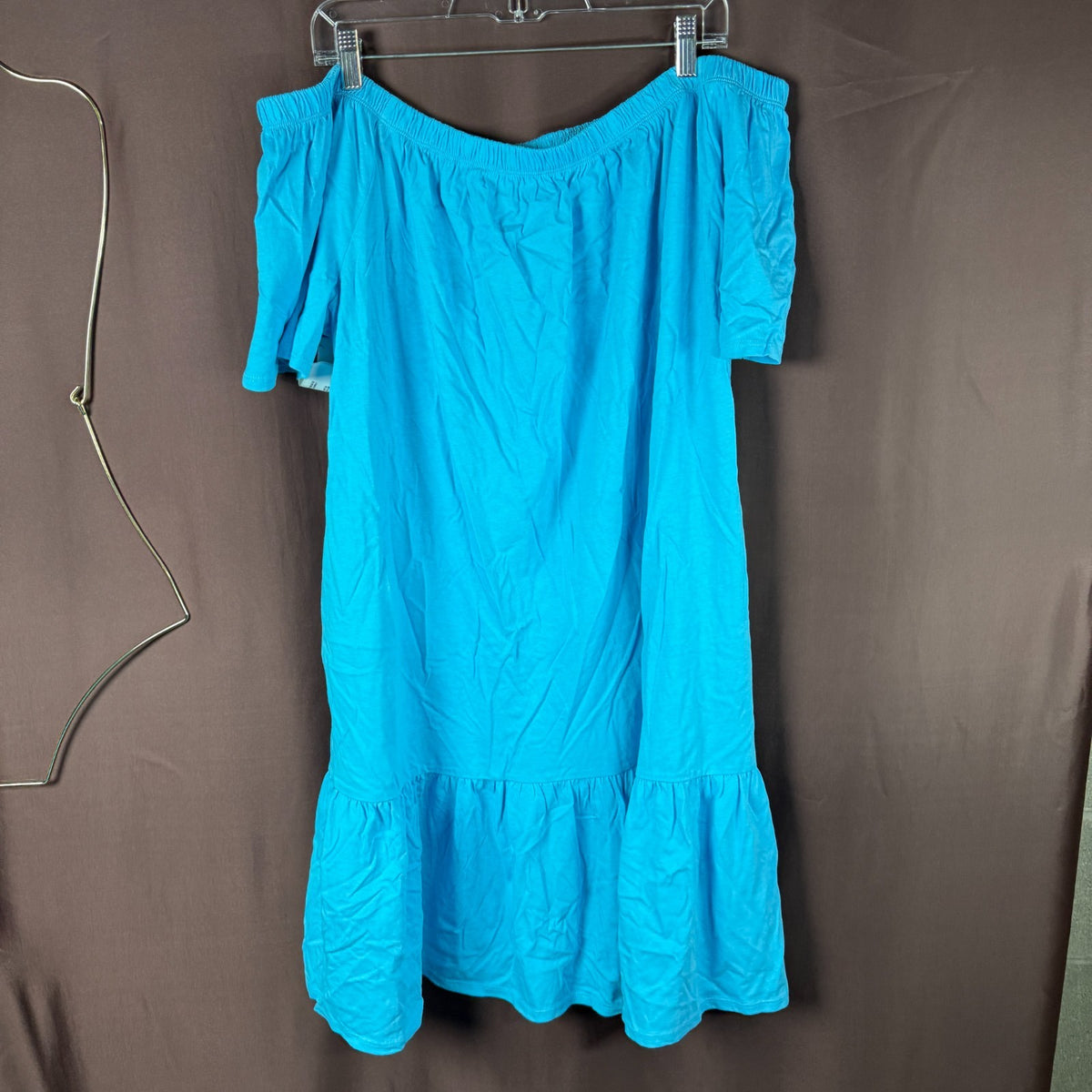 Land's End Womens M-2X LONG Off the Shoulder Ruffle Hem Blue Swim Cover-up Dress