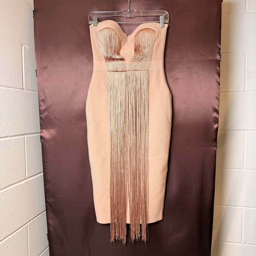 UONBOX Women's S Nude Strapless Elegant Tassel Tube Bodycon Bandage Dress