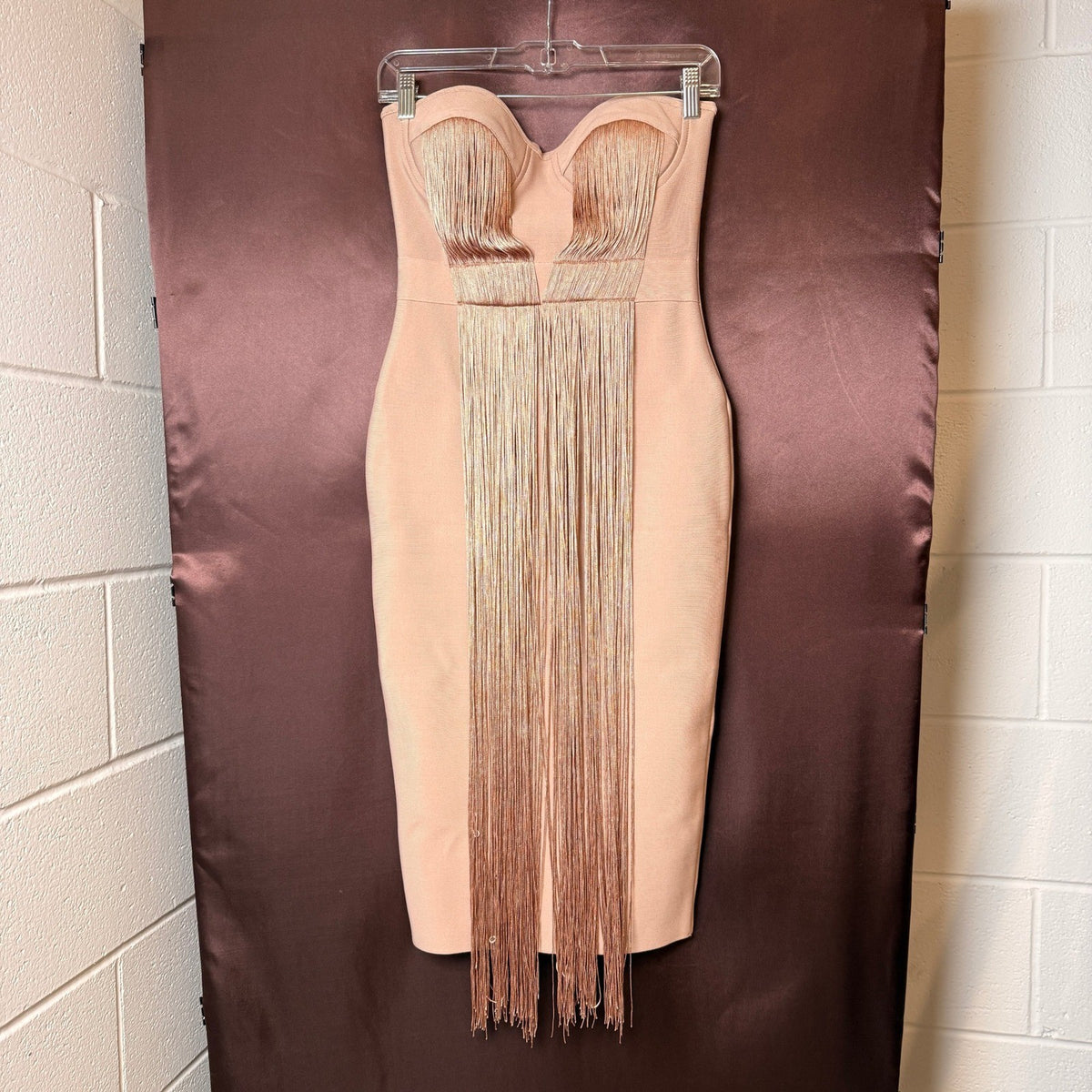 UONBOX Women's S Nude Strapless Elegant Tassel Tube Bodycon Bandage Dress