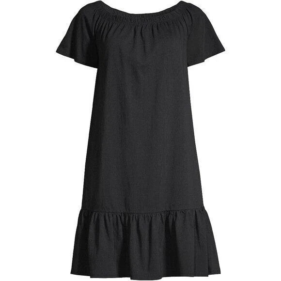 Lands' End Women's M-1X LONG Cotton Off Shoulder Ruffle Hem Swim Coverup Dress