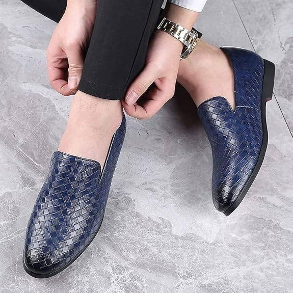 Santimon Men's US 6.5 Blue Woven Moccasin Leather Slip On Smoking Loafers Shoes