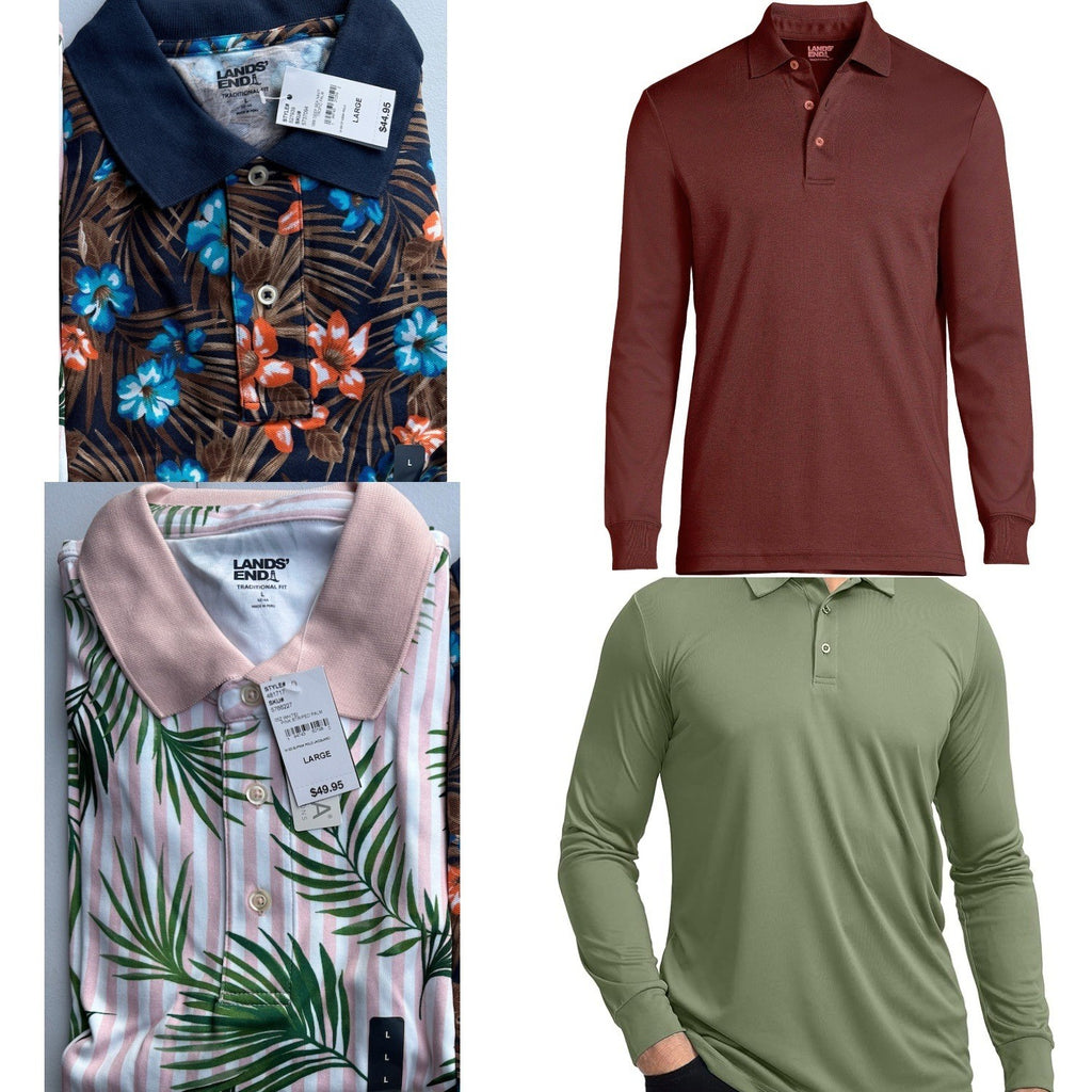 4 Pack Lands' End Mens L Polo - LS Simple Olive & Rust Red, SS White/Pink Stripe