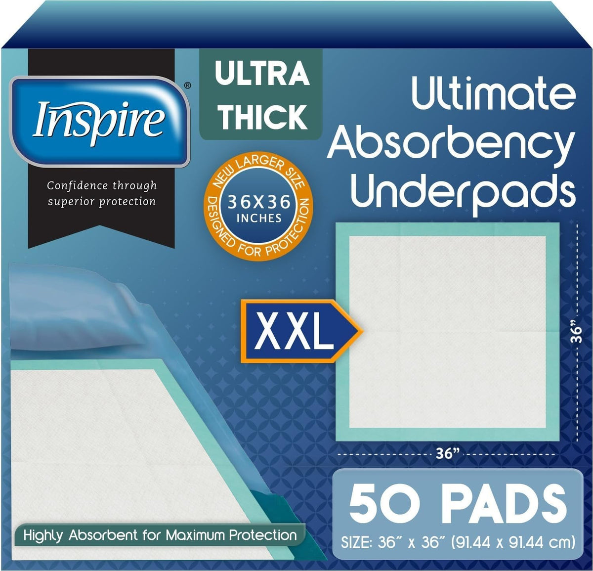 Pack of 50 Inspire Extra Large 36" x 36" Super Absorbent Disposable Bed Pads for
