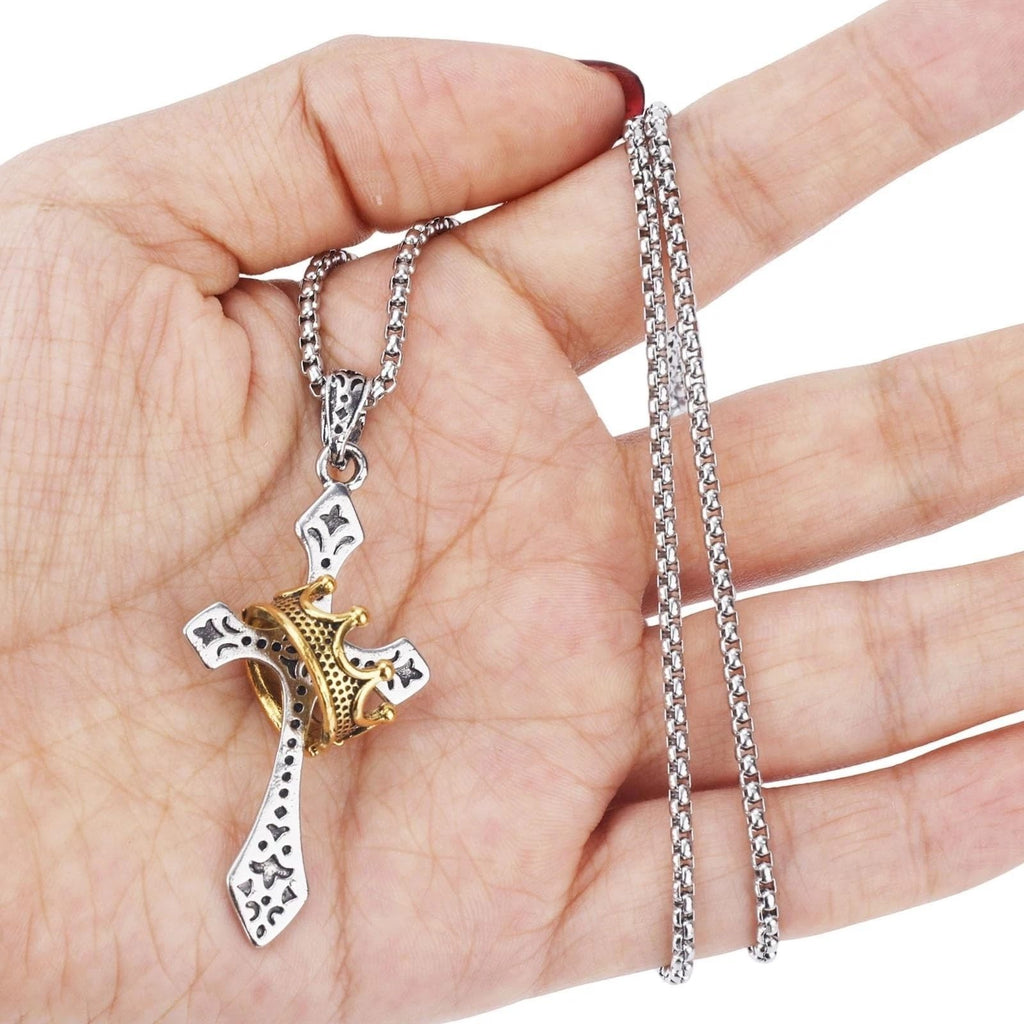 Mens Cross Necklace Silver Tone w/ Gold Tone Crown Pendant Christian Jewelry