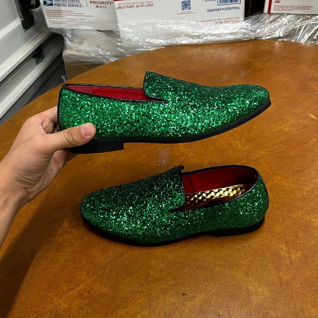 Santimon Men's US 7.5 - 12 Green Glitter Slip-On Loafers Sequin Dress Shoes