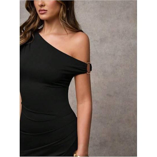 MSRP $65 Verdusa Women's M Black Off The Shoulder Maxi Dress Asymmetrical Ruch