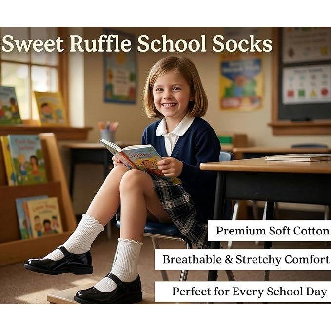 Set of 5 BISOUSOX Girls M 6-8Y White Ruffle Socks Cute Frilly Cotton Dress Sock