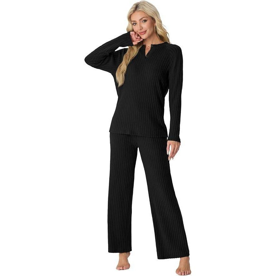 MSRP $26 PrinStory Women's L Black Pajama Set Long Sleeve Lounge Set Two Piece