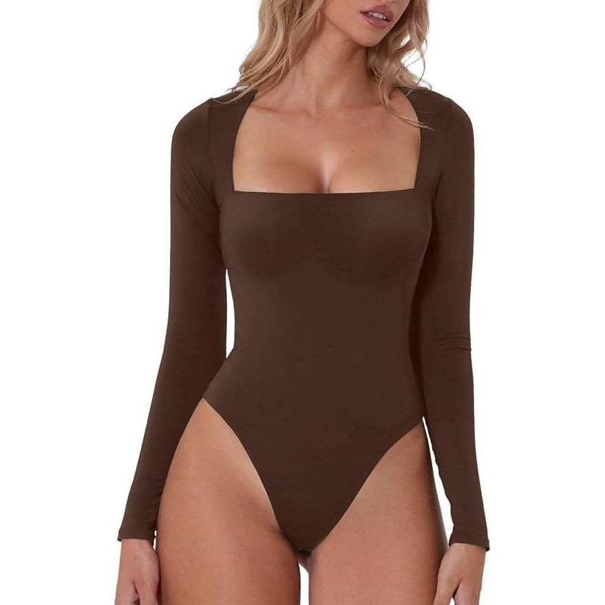MSRP $28 QINSEN Women's XS Sexy Square Neck Bodysuit Long Sleeve Double Lined