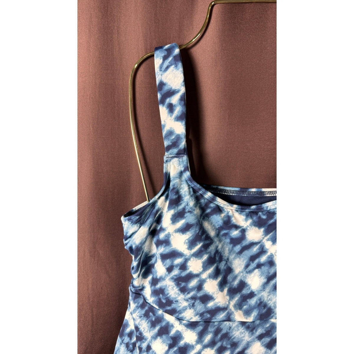 Lands' End Women's S Flutter Scoop Neck Tankini Top Navy/White Bias Tie Dye