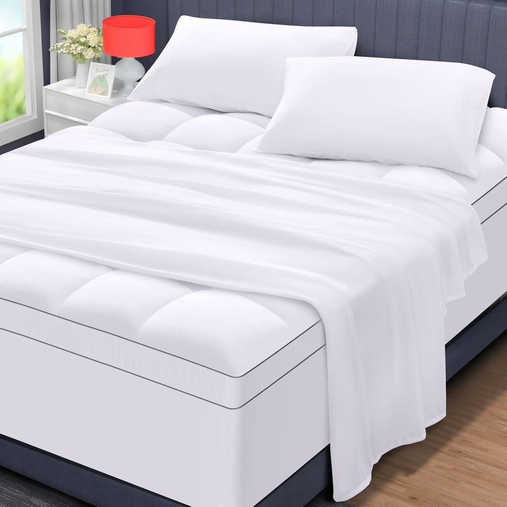 MASVIS White Mattress Topper with Flat Sheet and Pillowcases Full Size Extra Thi