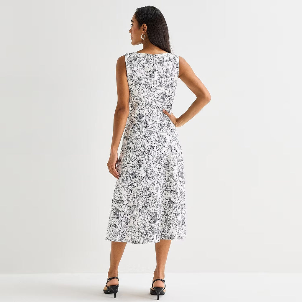 MSRP $99 Marc New York Womens 4 Ivory Black Floral Sleeveless Midi Dress Round