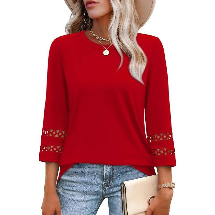 XIEERDUO Women's M 3/4 Length Sleeve Top Crewneck T-Shirt Loose Fit Blouse Red