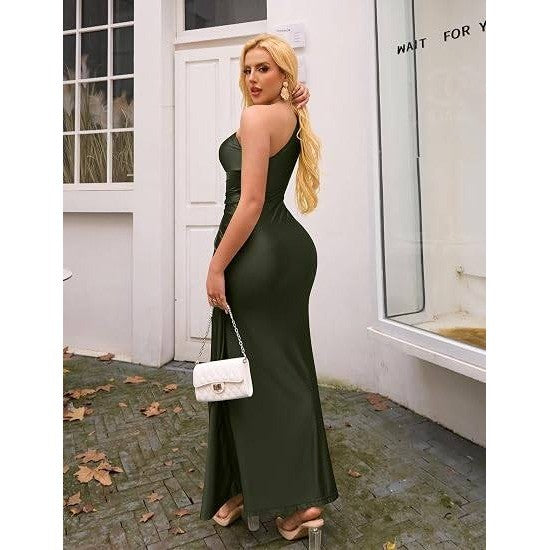 MSRP $61 YMDUCH Women's M Army Green Elegant One Shoulder Long Dress Sleeveless