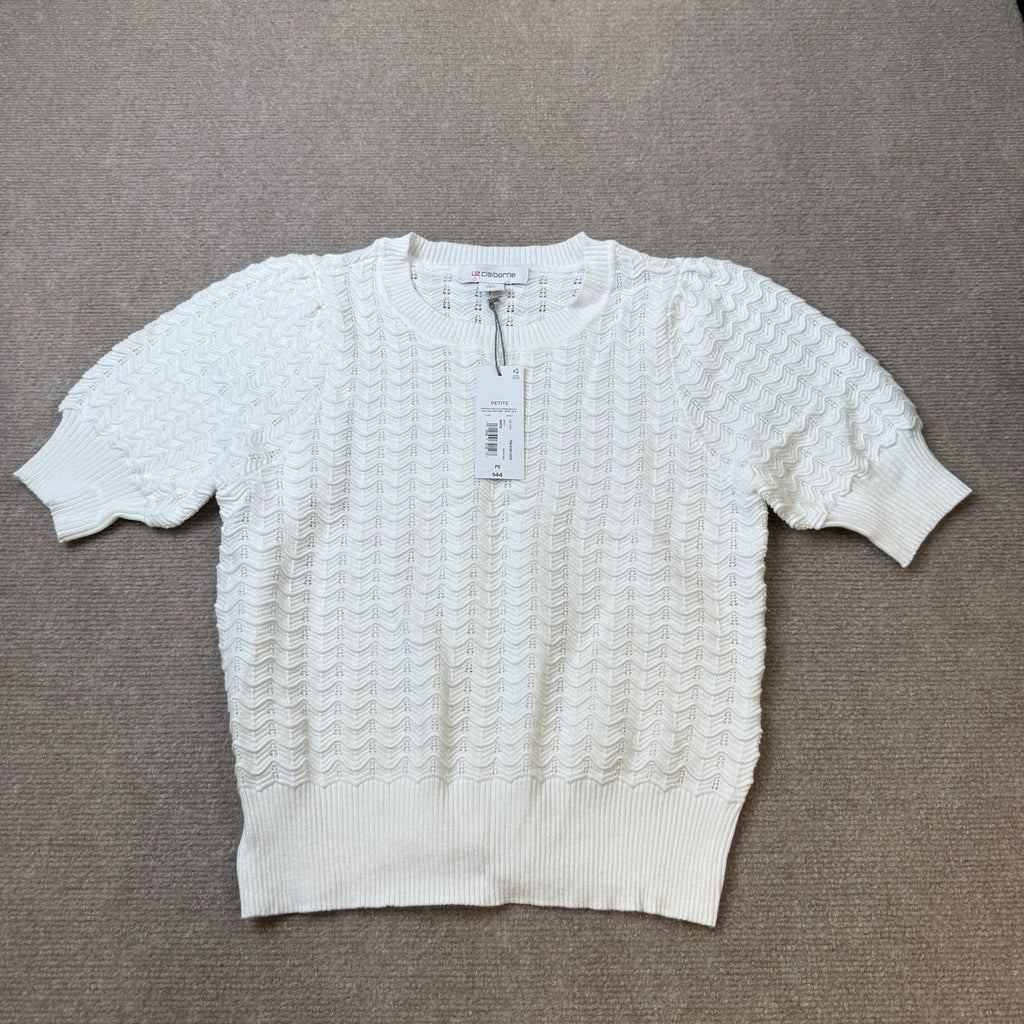 MSRP $44 Liz Claiborne Womens S Petite White Short Sleeve Pullover Sweater Crew