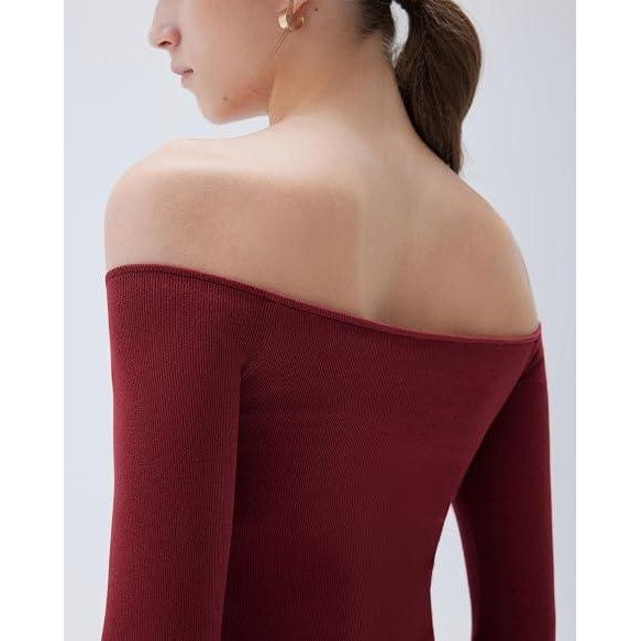 MSRP $32 SUUKSESS Women's S Wine Red Padded Off The Shoulder Tops Long Sleeve