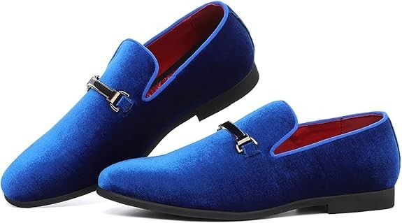 Santimon Men's US 6.5 - 12 Blue Velvet Loafers Horsebit Buckle Moccasin Shoes