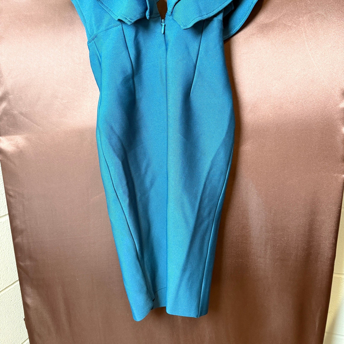 Uonbox Women's M Blue Ruffle Short Sleeve Plunge V Neck Bodycon Dress Back Spli