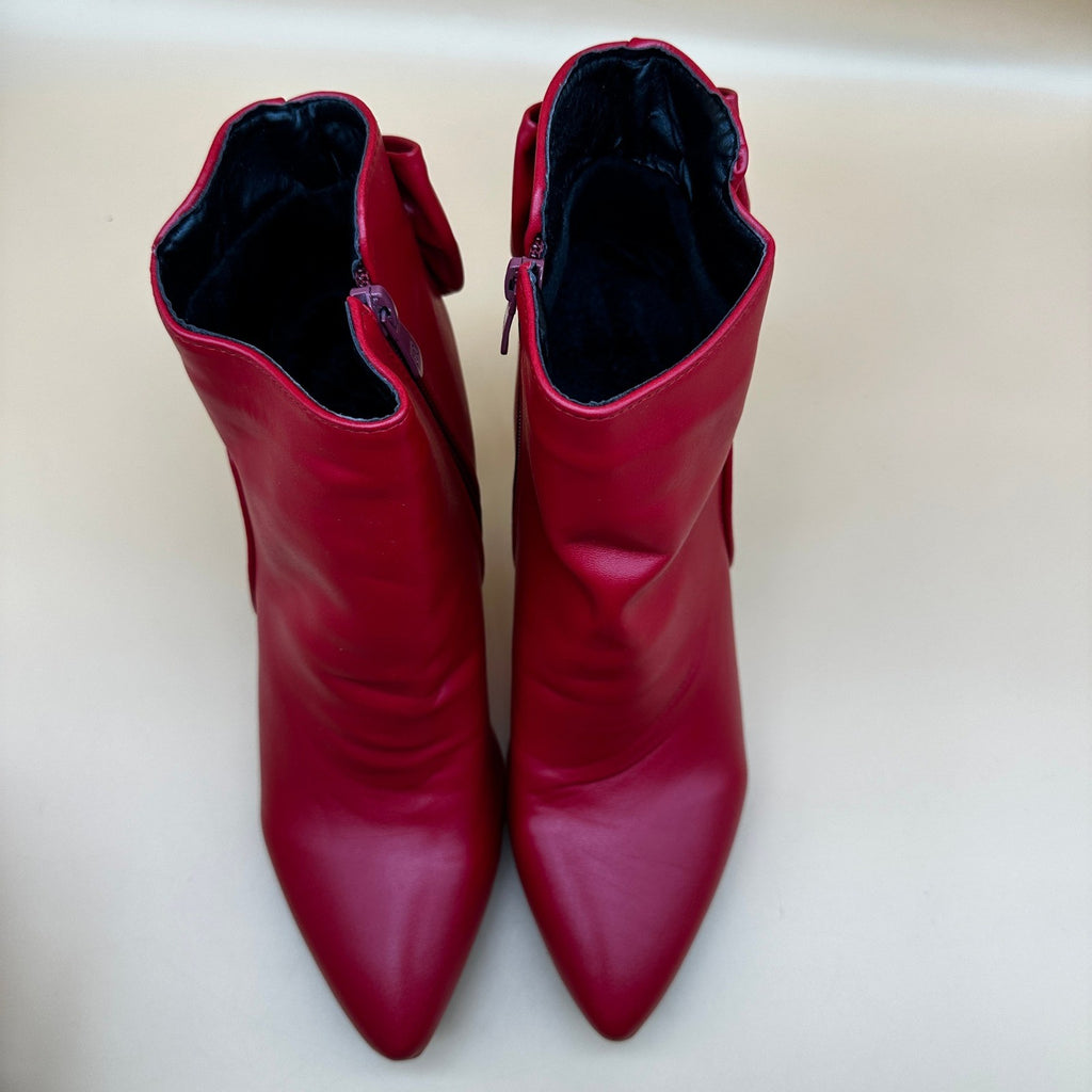 Women's US 10 Red Pointed Toe Zip Ankle Stiletto High Heel Boots with Bow