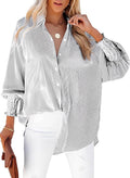 Women's M-2XL Black Smocked Cuffed Long Sleeve Striped Boyfriend Shirt w/ Pocket