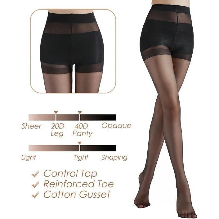 Set of 2 G&Y Women's M Black, Nude Backseam Sheer Tights - 20D Control Top Pant