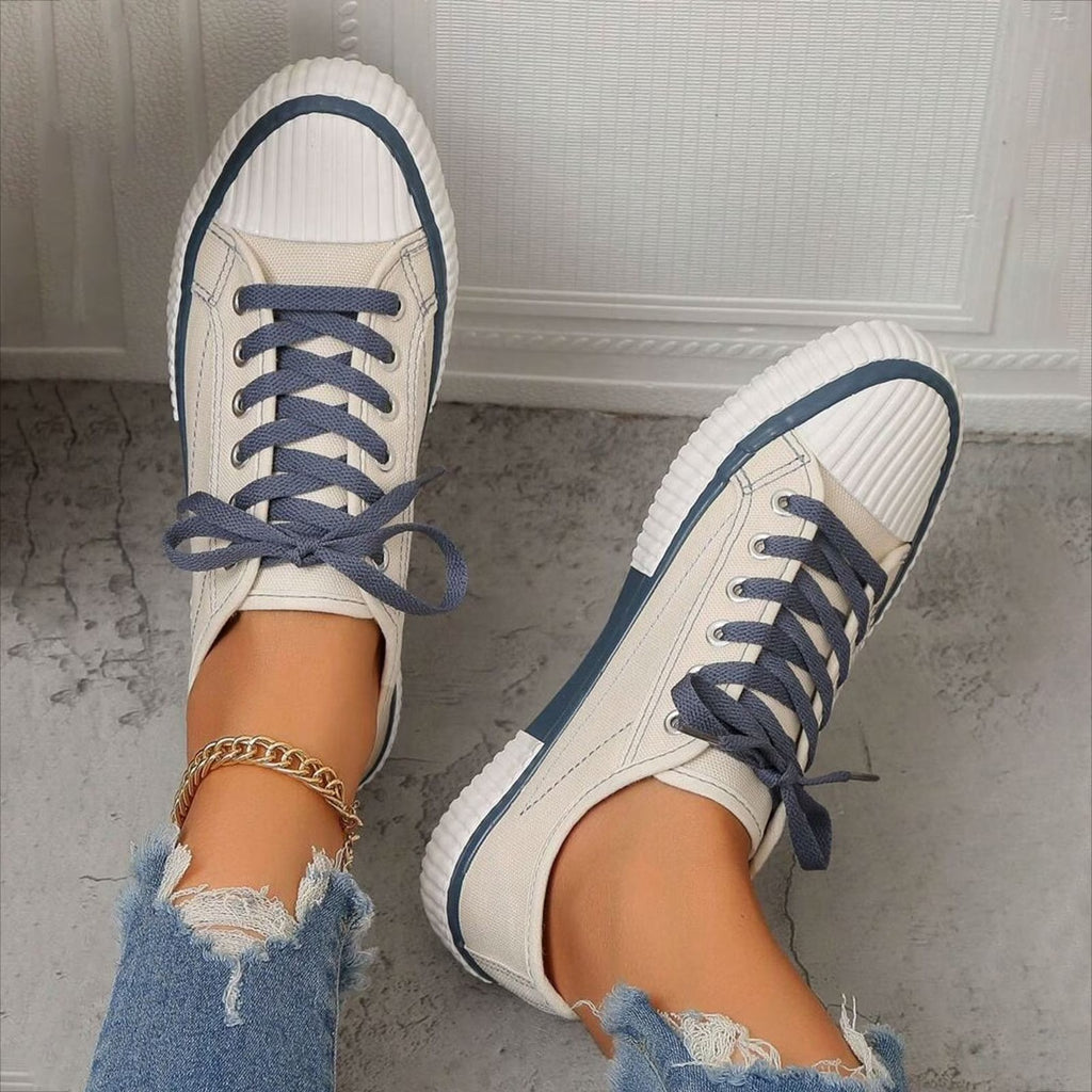 Women's Low Top Canvas Sneakers US 7 Beige Contrast Colors Lace-Up Shoes Ribbed