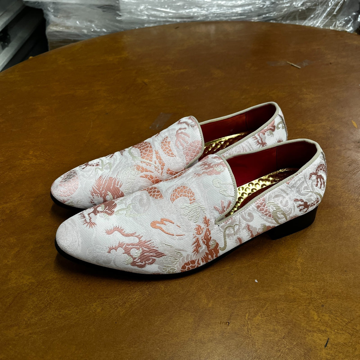 Santimon Men's US 7 - 12.5 Pink Casual Embroidery Smoking Loafers Dress Shoes