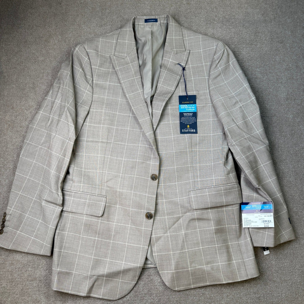 MSRP $260 Stafford Coolmax Mens 44 Tan Windowpane Classic Fit Suit Jacket All S