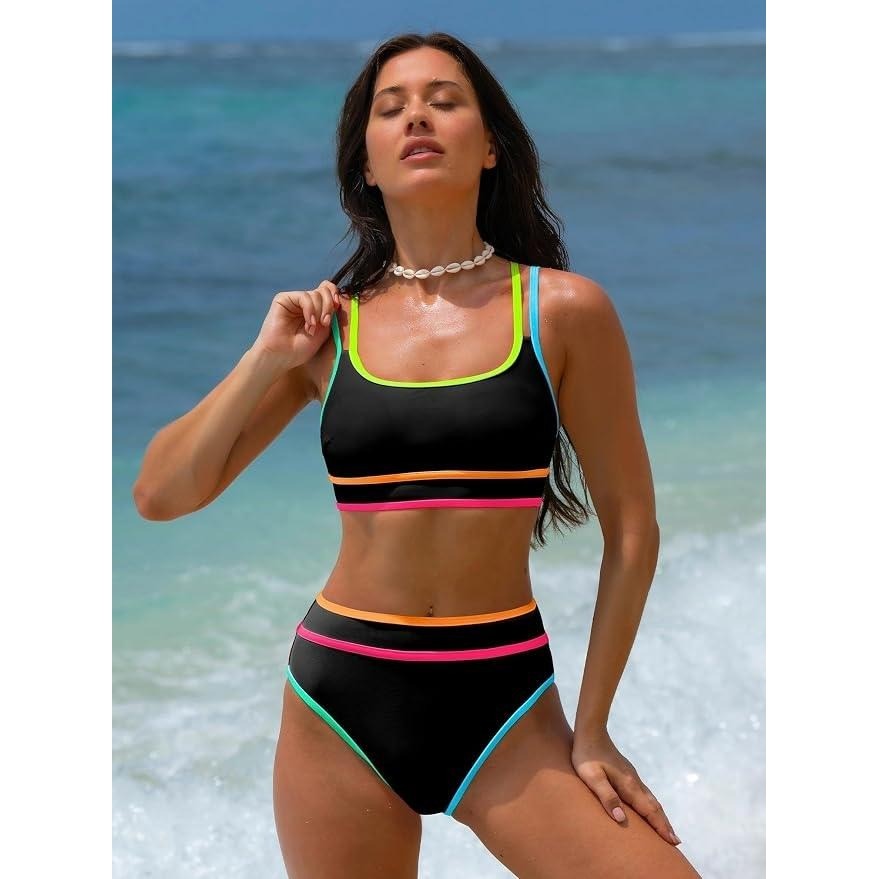 MSRP $42 popvil Women's L High Waisted Bikini Set Neon Two Piece Swimsuit