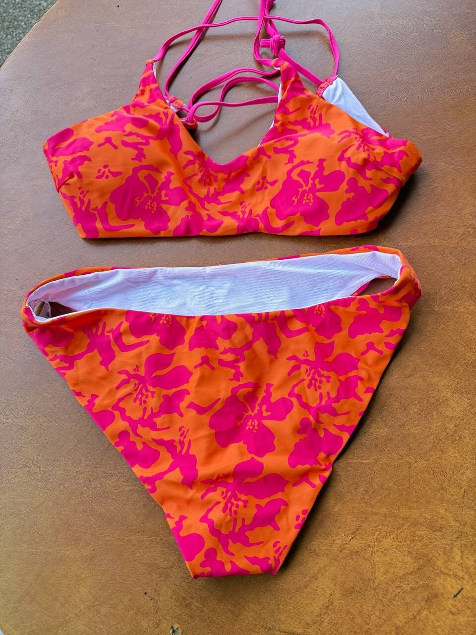 Women's L Pink Floral Print Two-Piece Bikini Set Swimsuit Swimwear